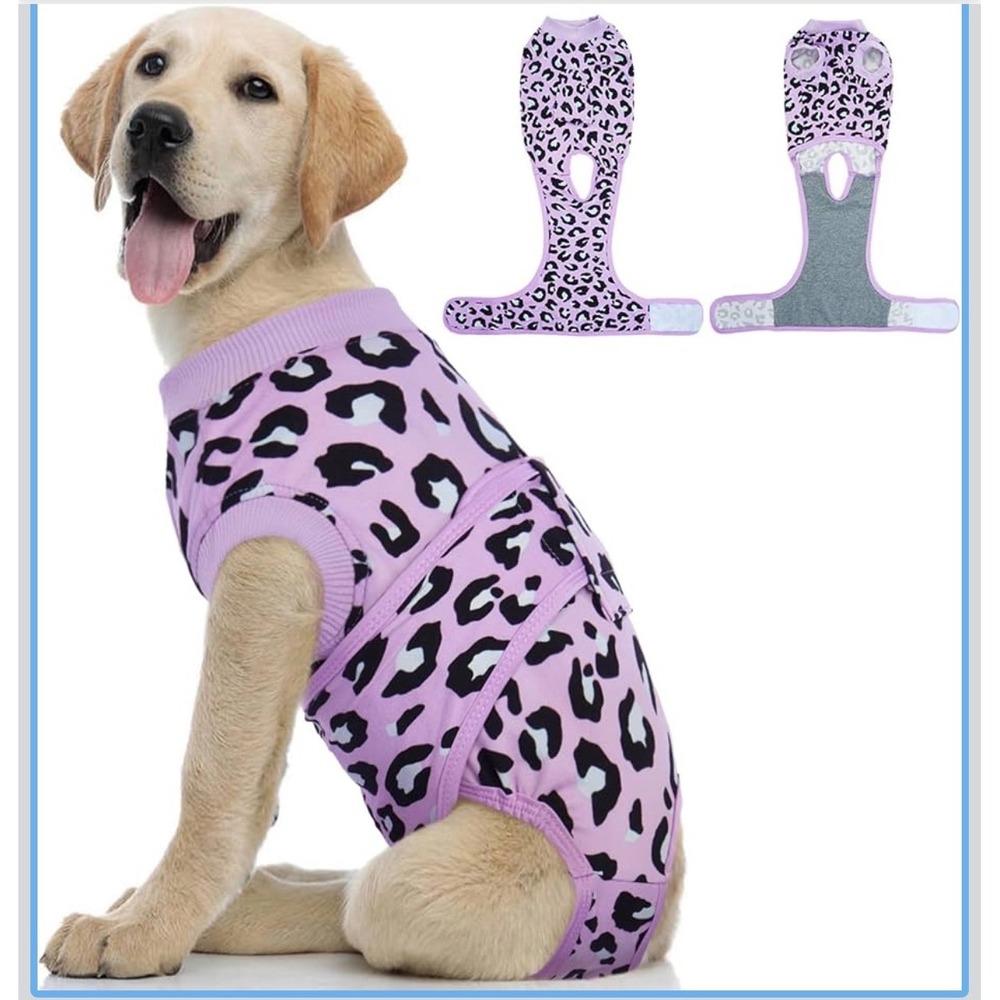 Kuoser Dog Recovery Suit Purple Leopard Print Surgery Snuggly Cone Alt Large NWT